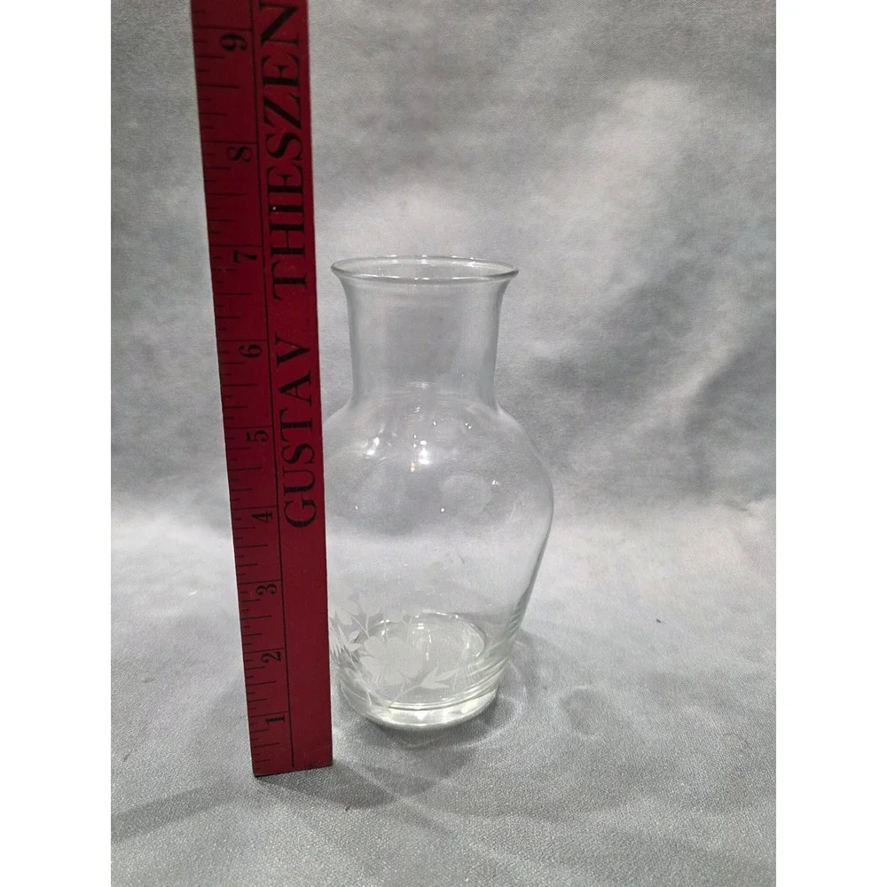 Vintage Clear Glass Etched Floral Bud Vase Flared Rim 7 Inch Home Decor